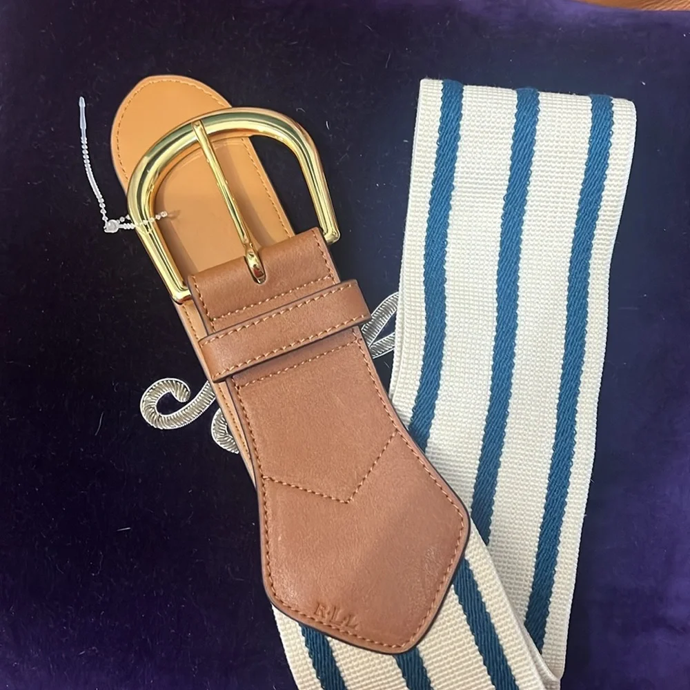 Ralph Lauren Navy and White Striped Elastic Belt with Tan Leather